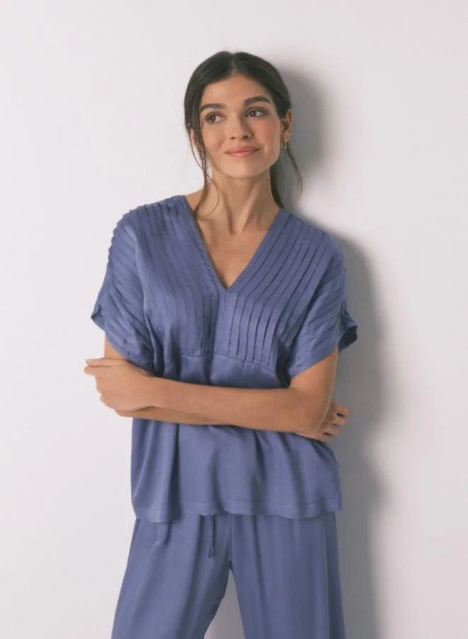 women'secret Blue long pyjamas with pleated neckline